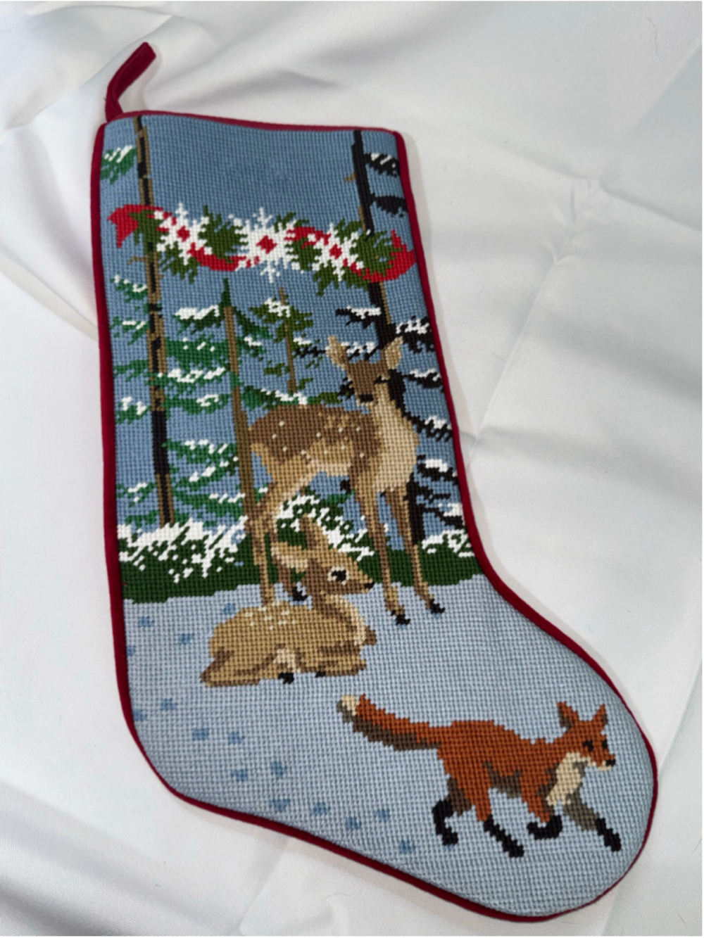 L.L.Bean Needlepoint Christmas Stocking Deer Fox Woodland Animals 18” Cotton